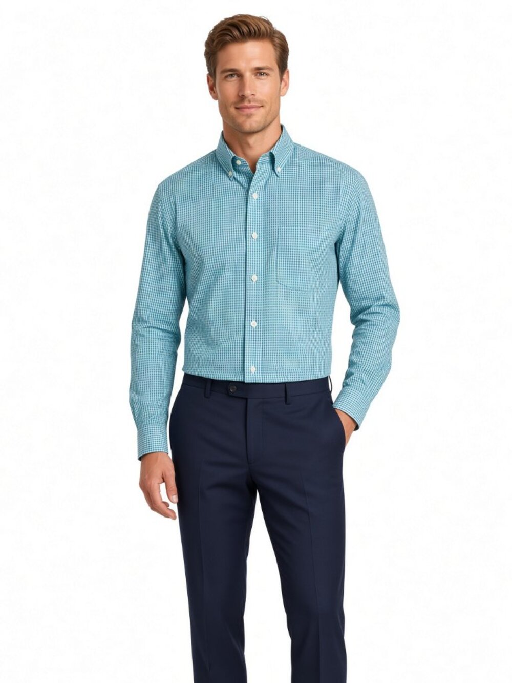 Nautica Men Teal Gingham Button Down Shirt